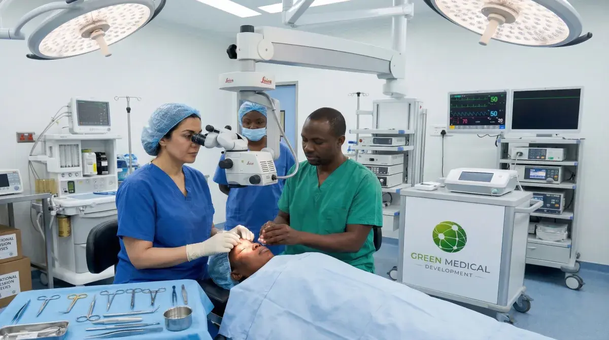 Eye surgery mission with surgical team and microscope