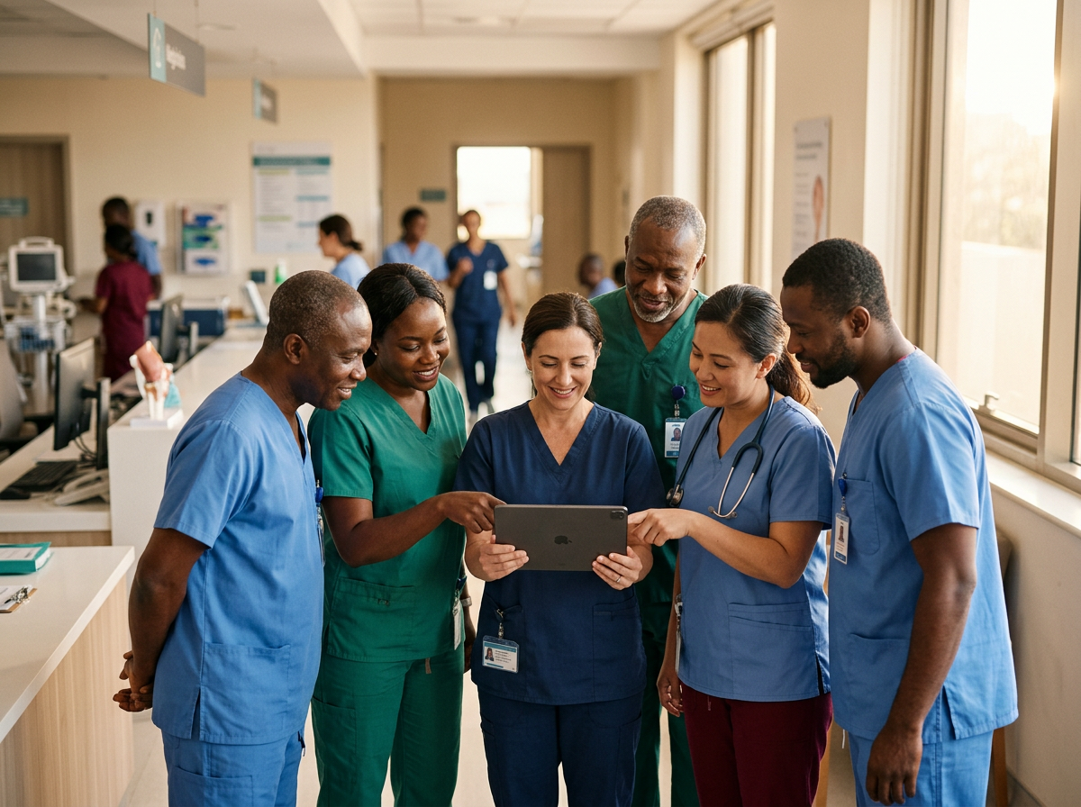 Medical team collaborating with tablet device