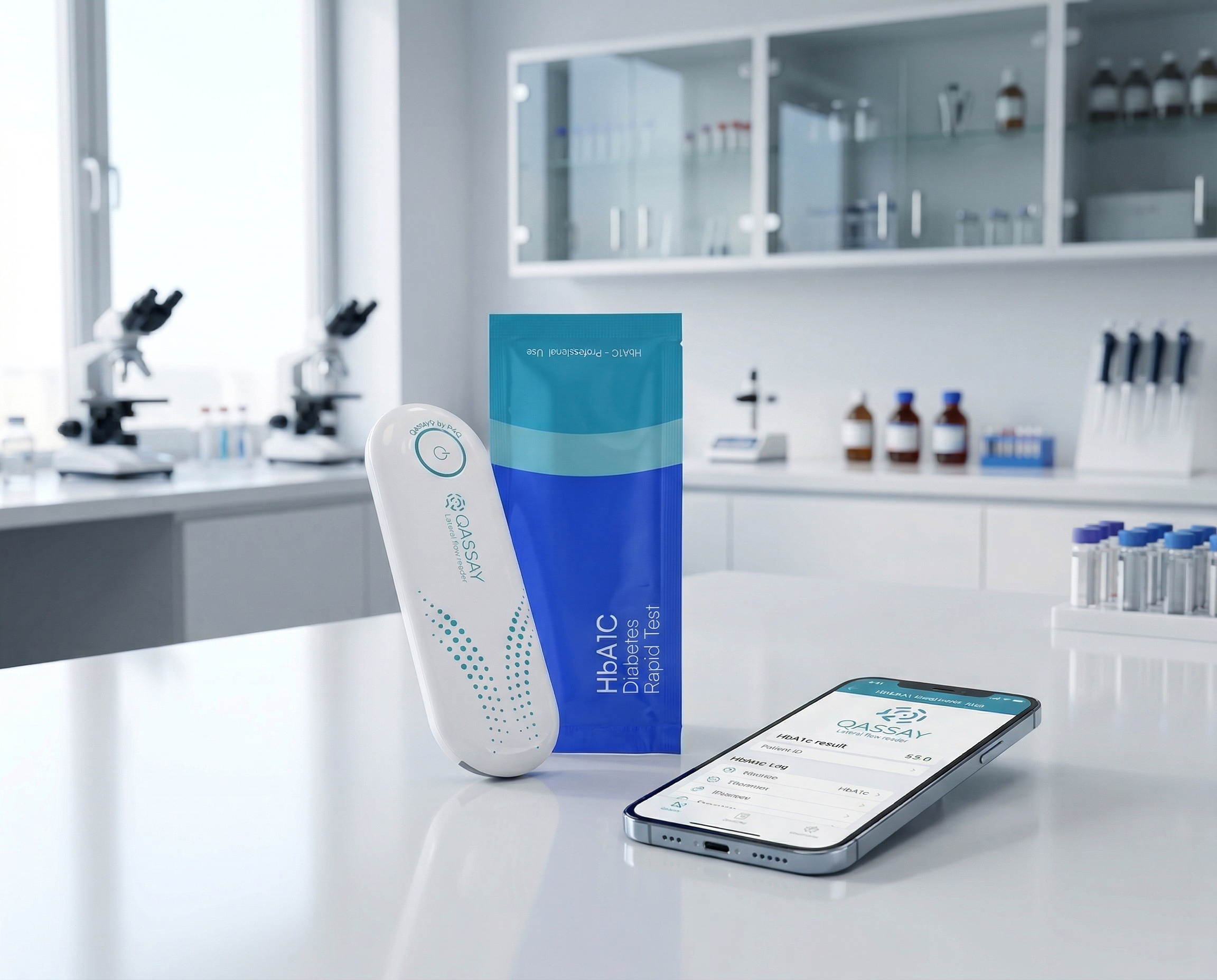 QASSAY reader with HbA1c test strip and mobile app in laboratory