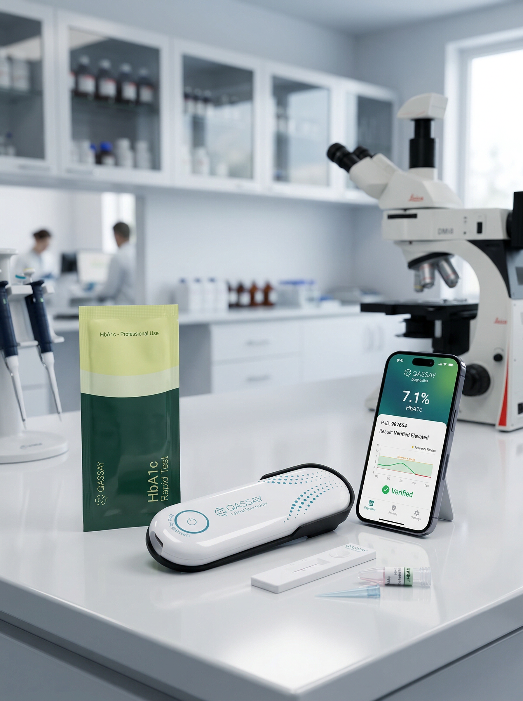 QASSAY reader with HbA1c test strip and mobile app